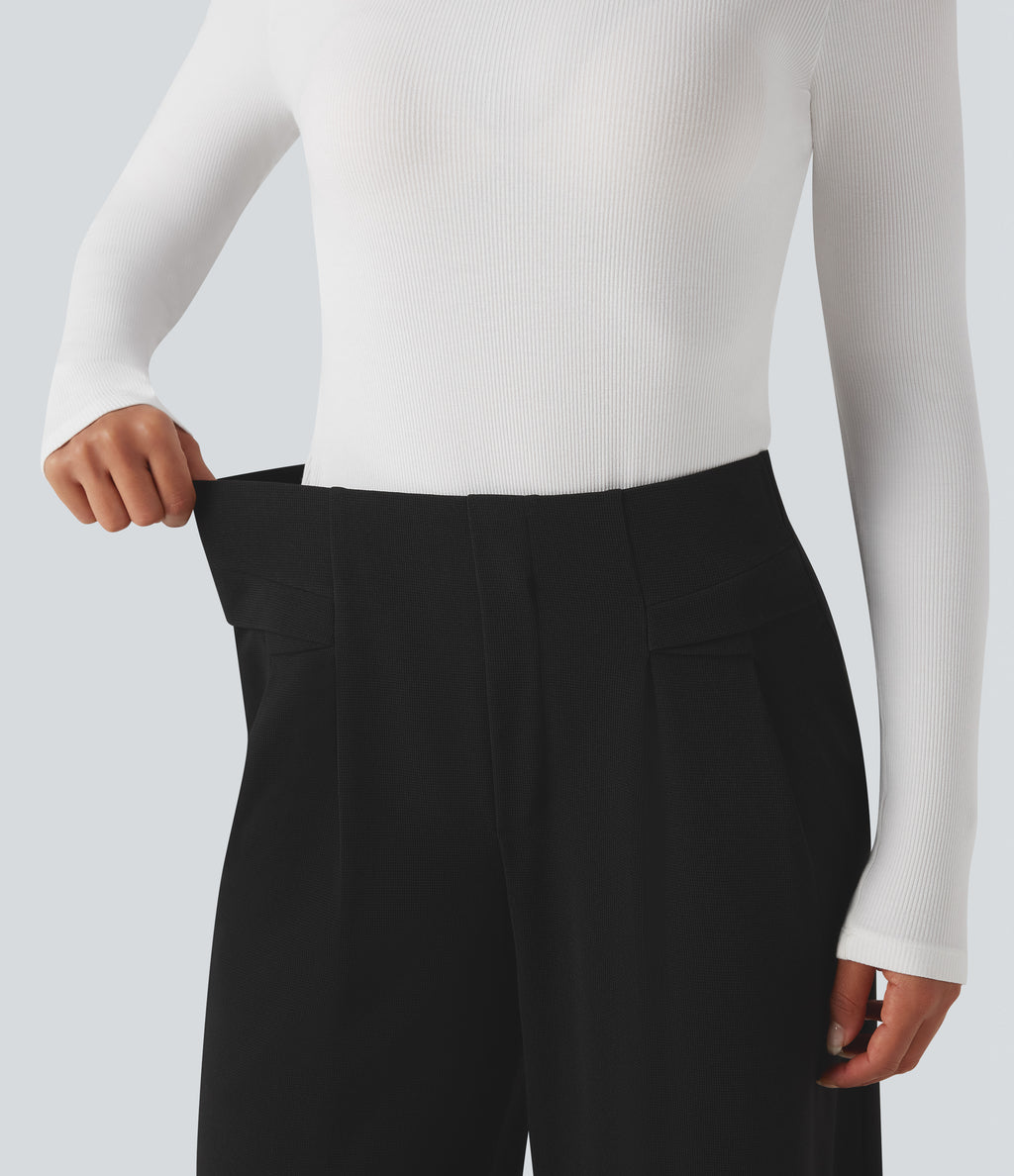 High Waisted Waffle Work Baggy Trousers with Pockets — Black — view 4