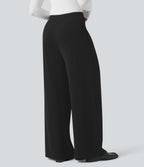 High Waisted Waffle Work Baggy Trousers with Pockets — Black — view 2