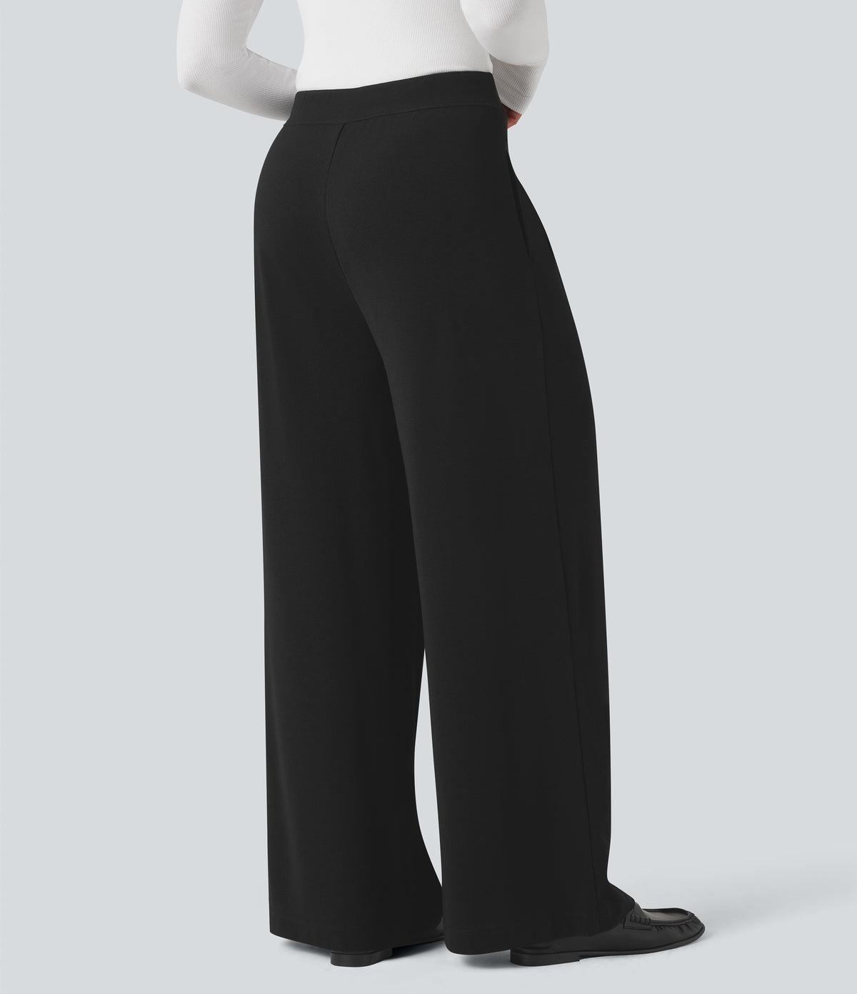 High Waisted Waffle Work Baggy Trousers with Pockets — Black — view 2