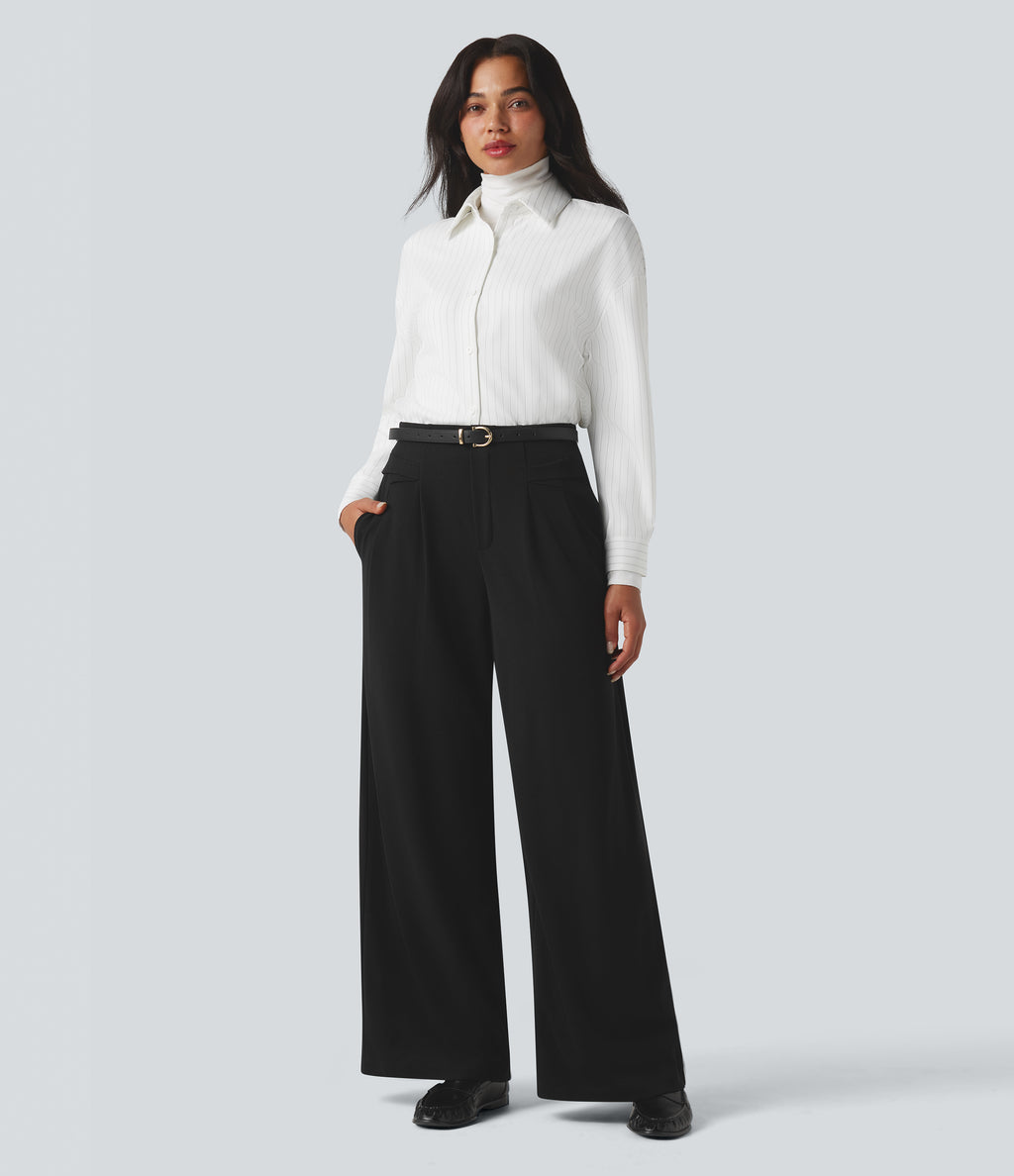 High Waisted Waffle Work Baggy Trousers with Pockets — Black — view 6