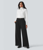 High Waisted Waffle Work Baggy Trousers with Pockets — Black — view 6