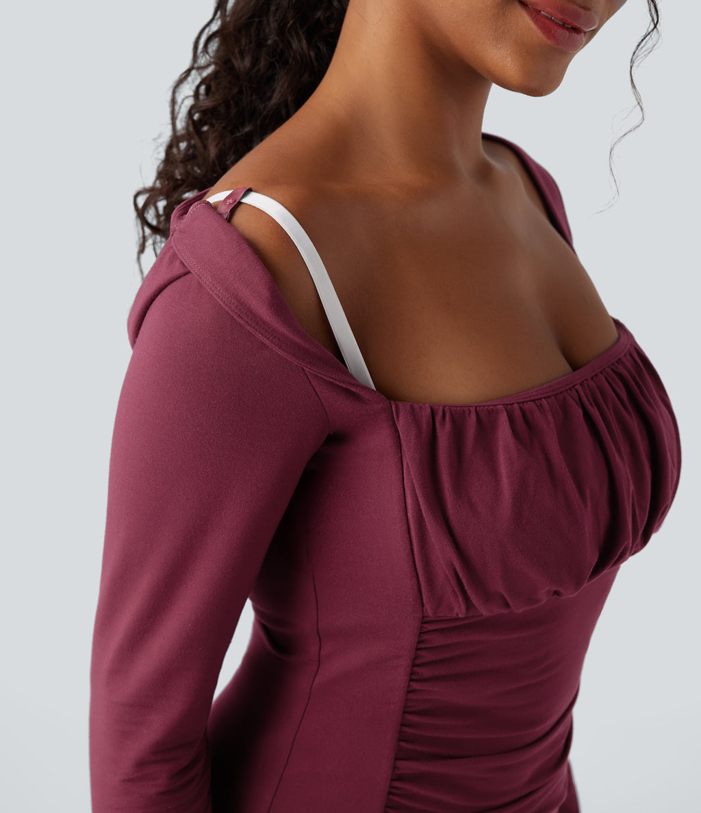 Square Neck Ruched Long Sleeve Casual Top — Purple Potion — view 5