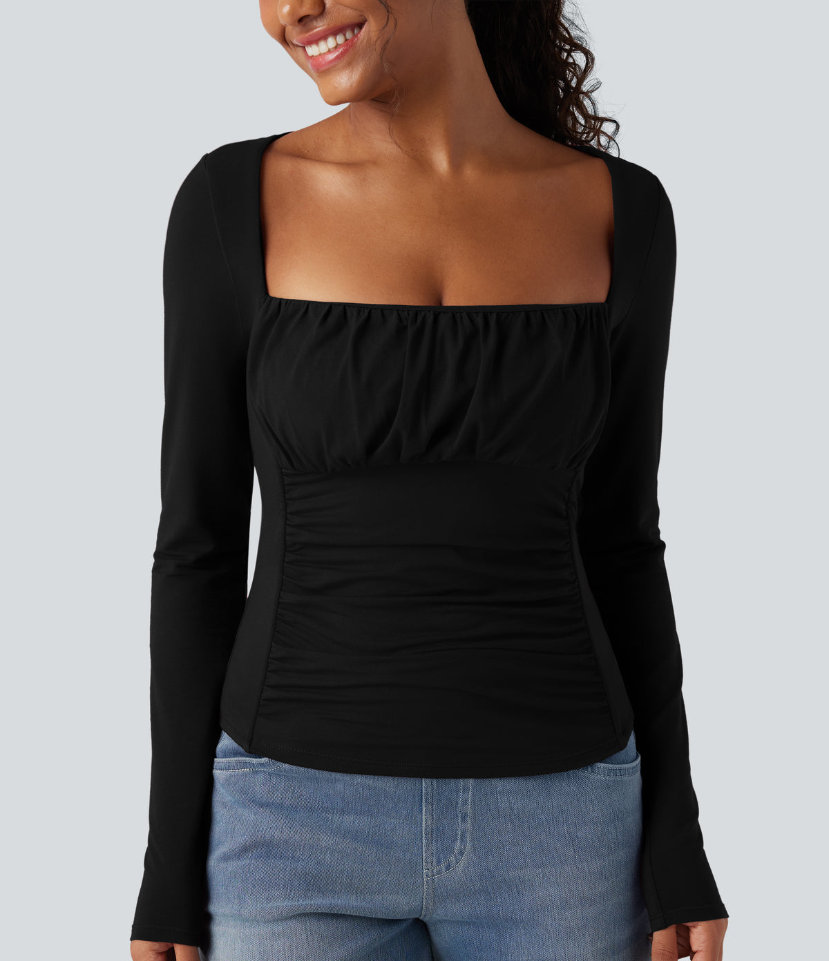 Square Neck Ruched Long Sleeve Casual Top — Black — view 7