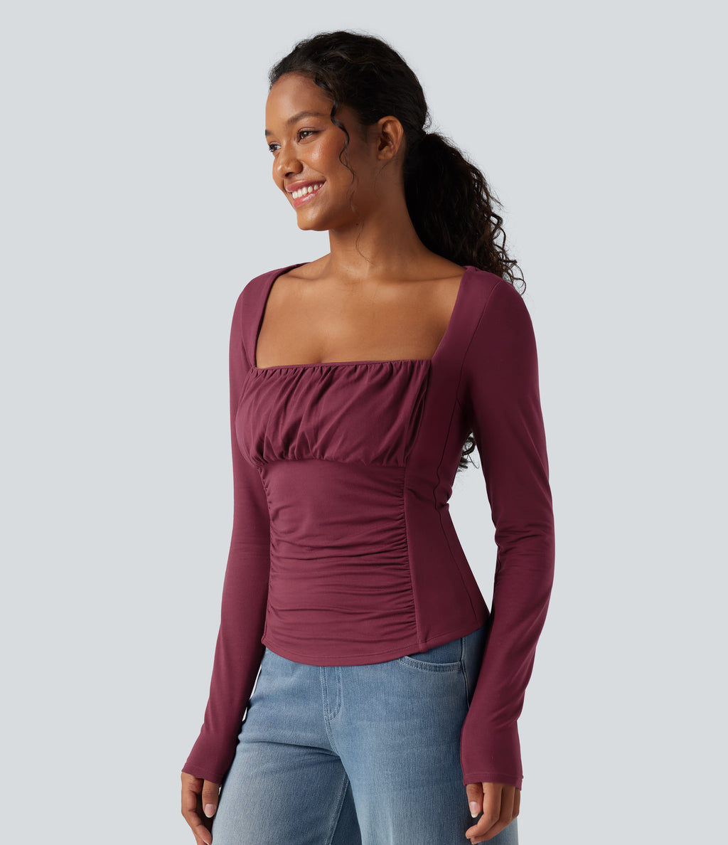 Square Neck Ruched Long Sleeve Casual Top — Purple Potion — view 4