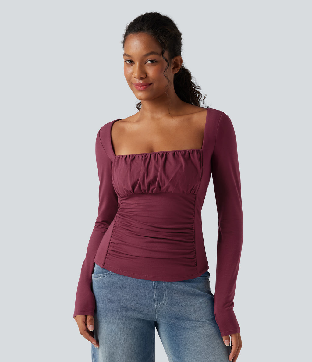 Square Neck Ruched Long Sleeve Casual Top — Purple Potion — view 2