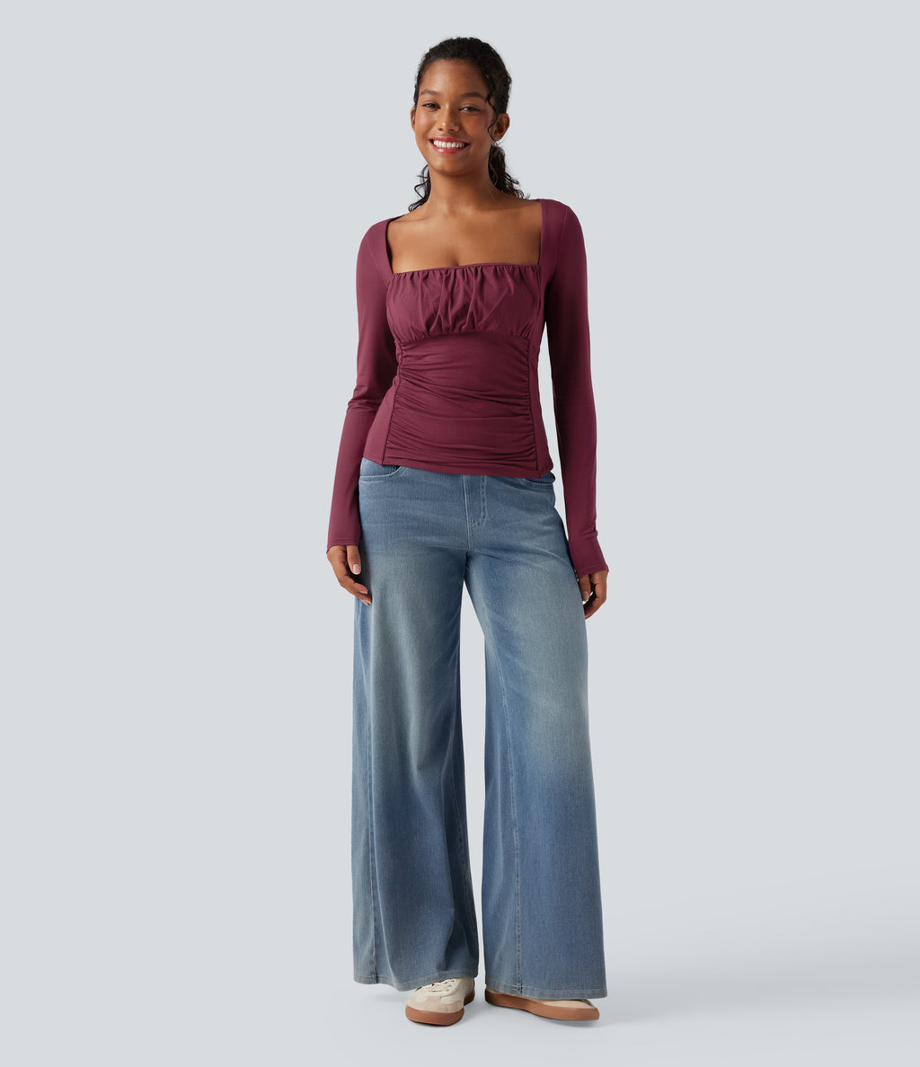 Square Neck Ruched Long Sleeve Casual Top — Purple Potion — view 6