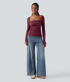 Square Neck Ruched Long Sleeve Casual Top — Purple Potion — view 6