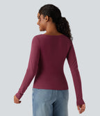 Square Neck Ruched Long Sleeve Casual Top — Purple Potion — view 3