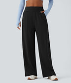 High Waisted Yoga Baggy Trousers with Pockets — Black — view 6