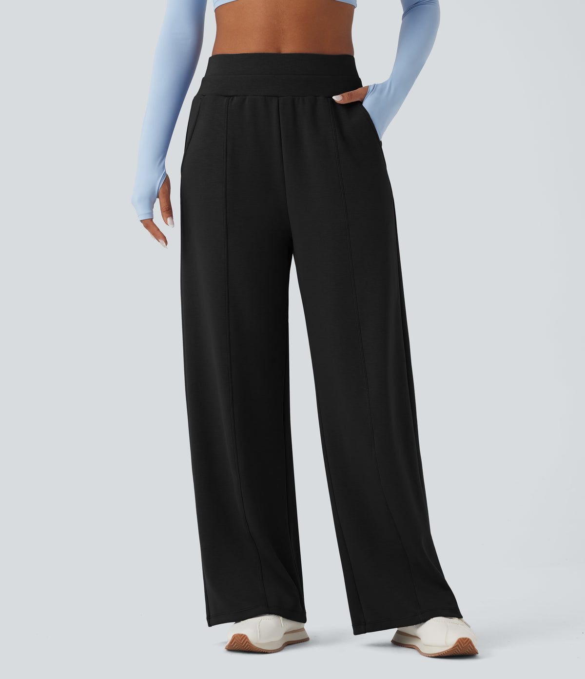 High Waisted Yoga Baggy Trousers with Pockets — Black — view 6