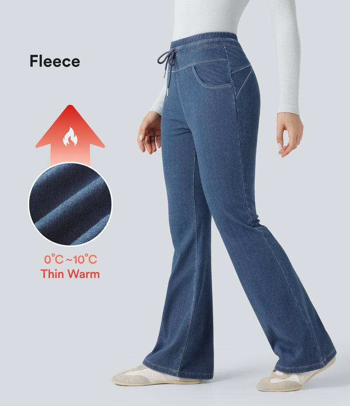 Denim Heat High Waisted Drawstring Denim Casual Flare Leggings with Pockets — Estate Blue Denim — view 1