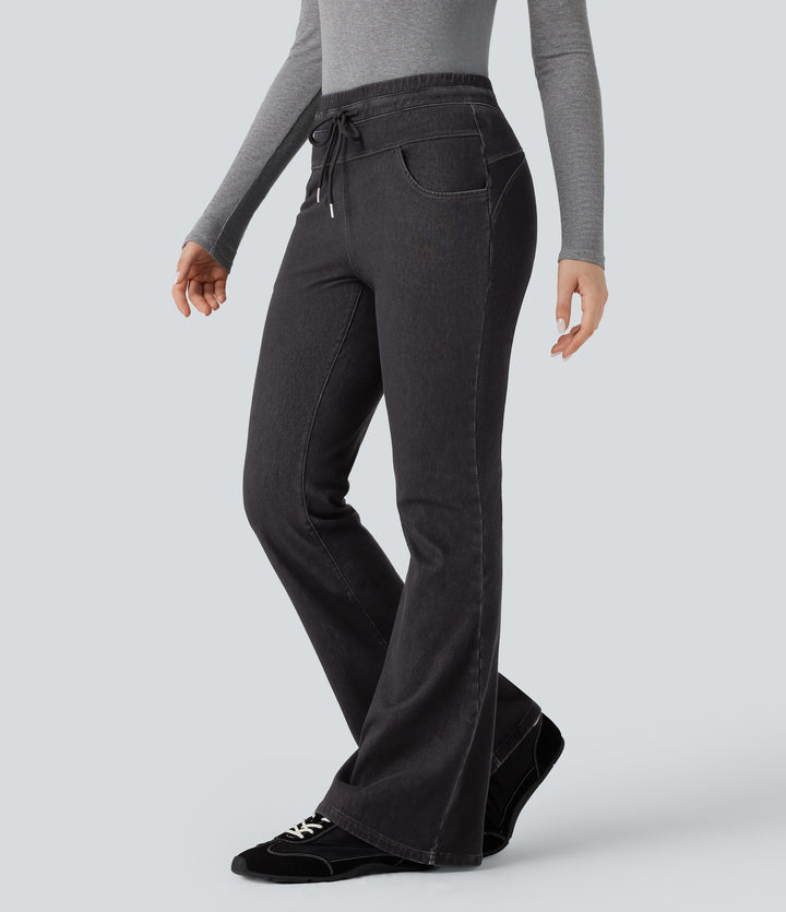 Denim Heat High Waisted Drawstring Denim Casual Flare Leggings with Pockets — Phantom Denim — view 8