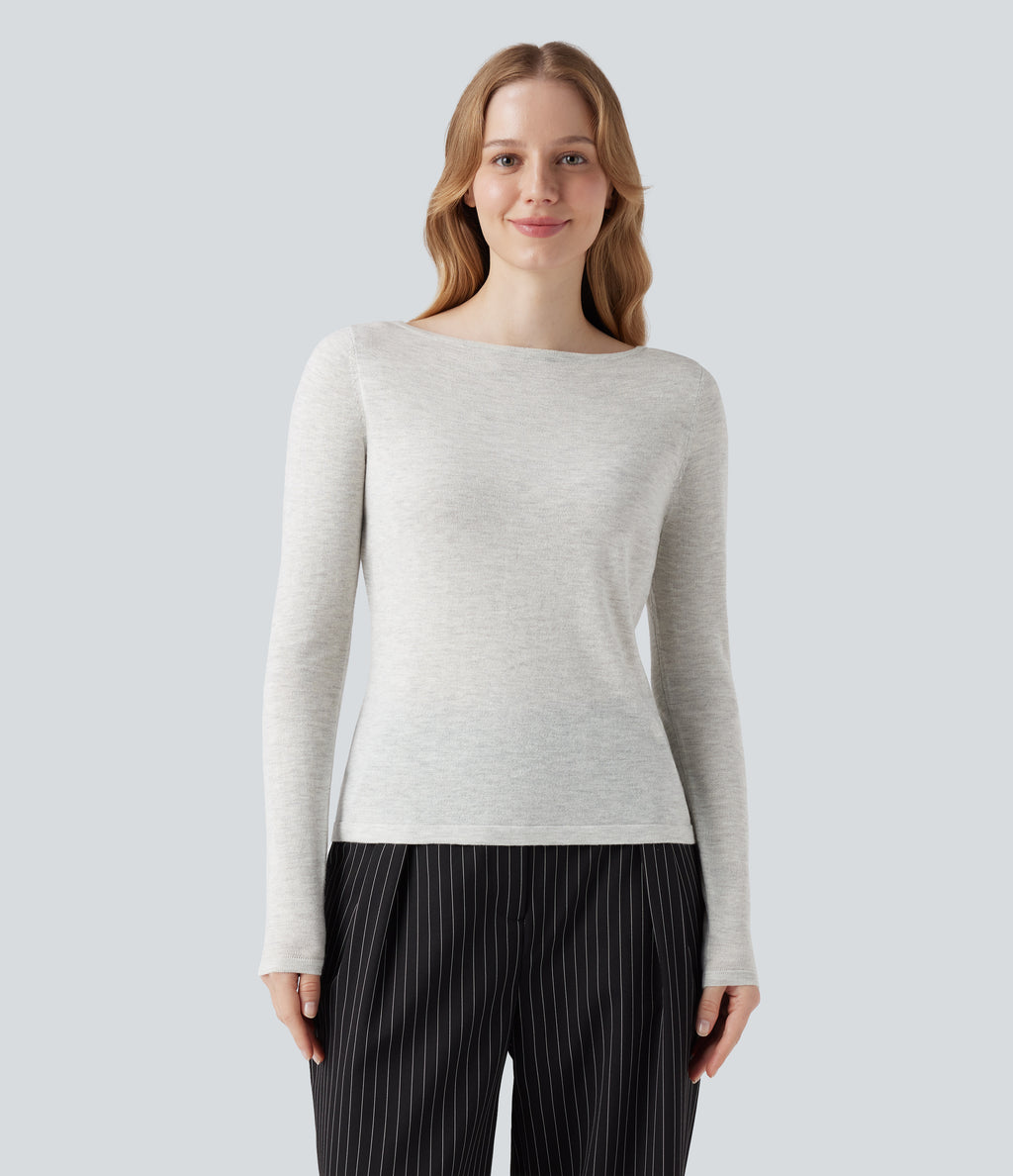 Sheer Boat Neck Long Sleeve Work Jumper — Mottled Grey — view 3