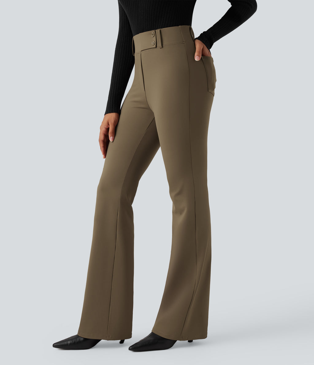 High Waisted Flared Work Trousers with Pockets — Beech — view 1