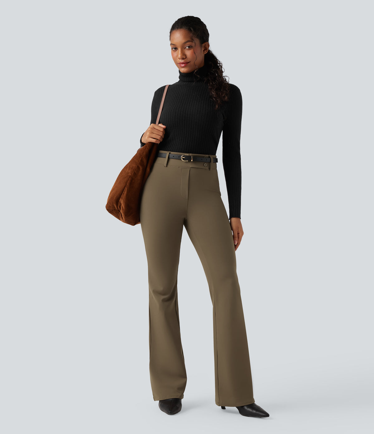 High Waisted Flared Work Trousers with Pockets — Beech — view 6