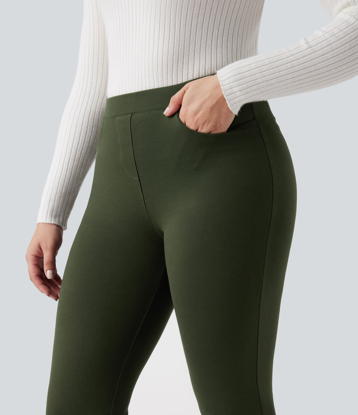 Wear-Resistant Mid Rise Ponte Roma Slim Work Trousers with Pockets — Hemp Rope Brown — view 4