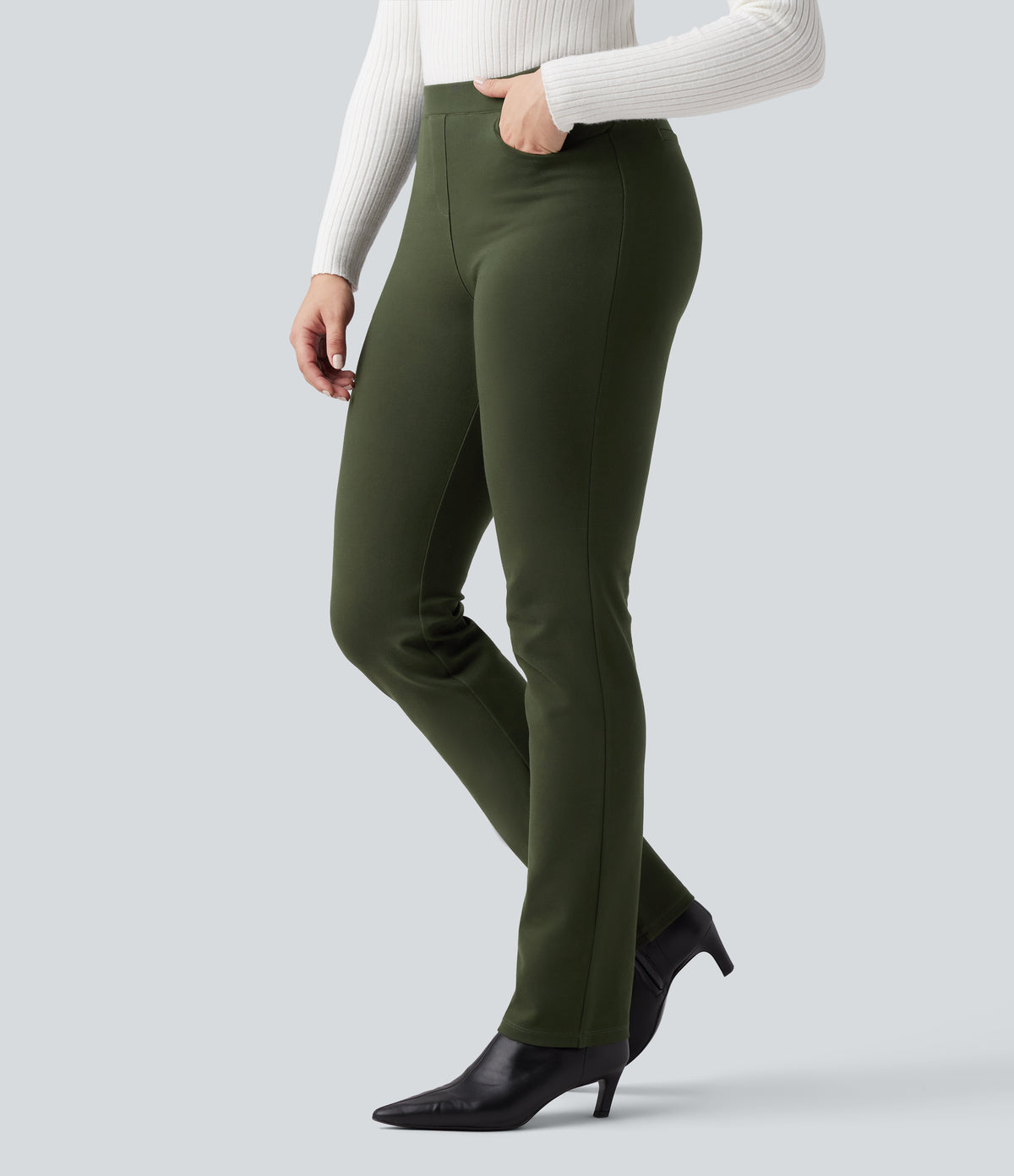 Wear-Resistant Mid Rise Ponte Roma Slim Work Trousers with Pockets — Hemp Rope Brown — view 1