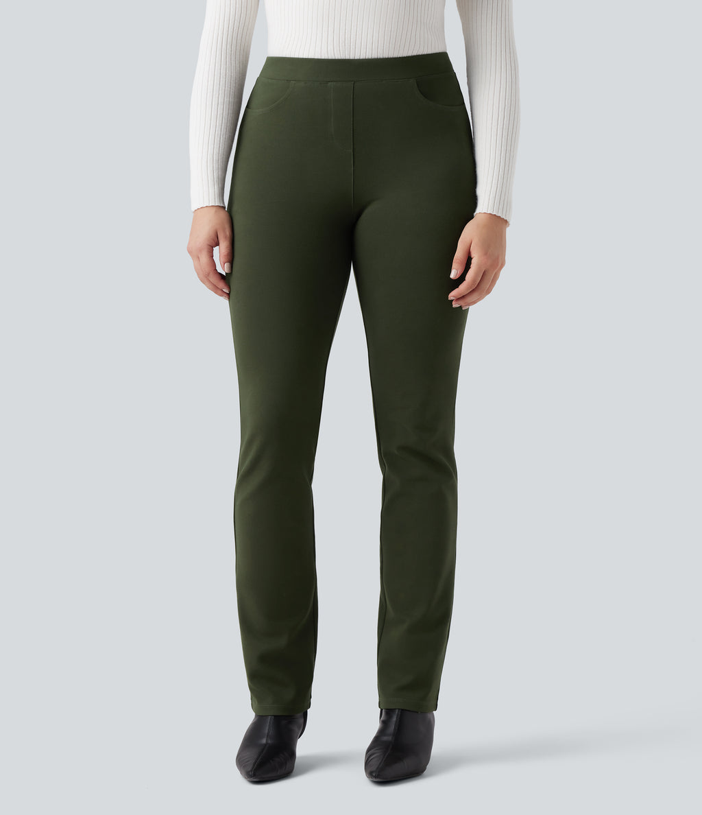 Wear-Resistant Mid Rise Ponte Roma Slim Work Trousers with Pockets — Hemp Rope Brown — view 3