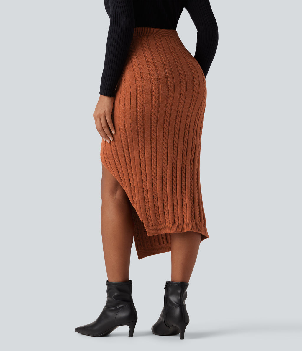 High Waisted Split Bodycon Midi Cable Knit Casual Jumper Skirt — Mango — view 2