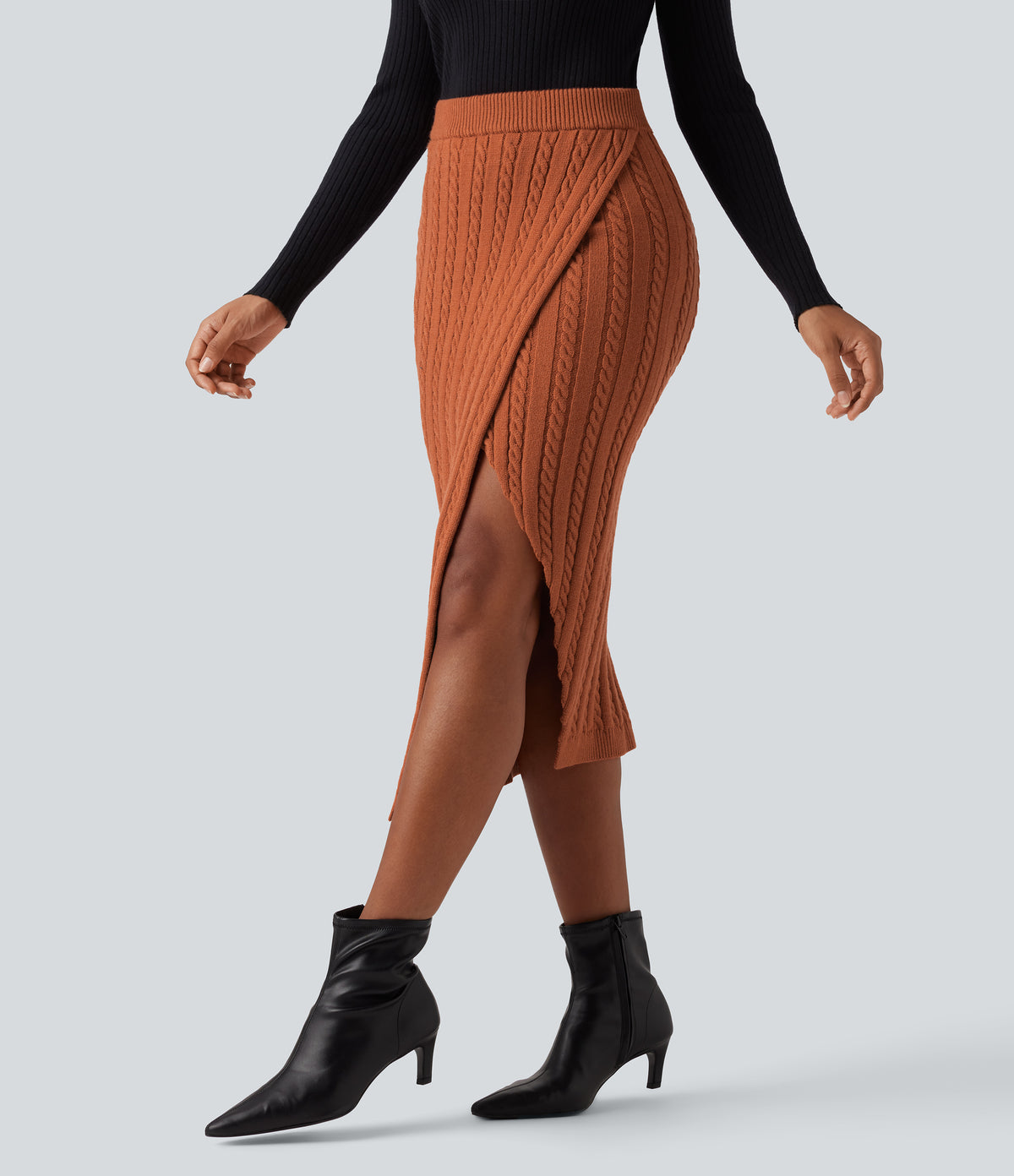 High Waisted Split Bodycon Midi Cable Knit Casual Jumper Skirt — Mango — view 3