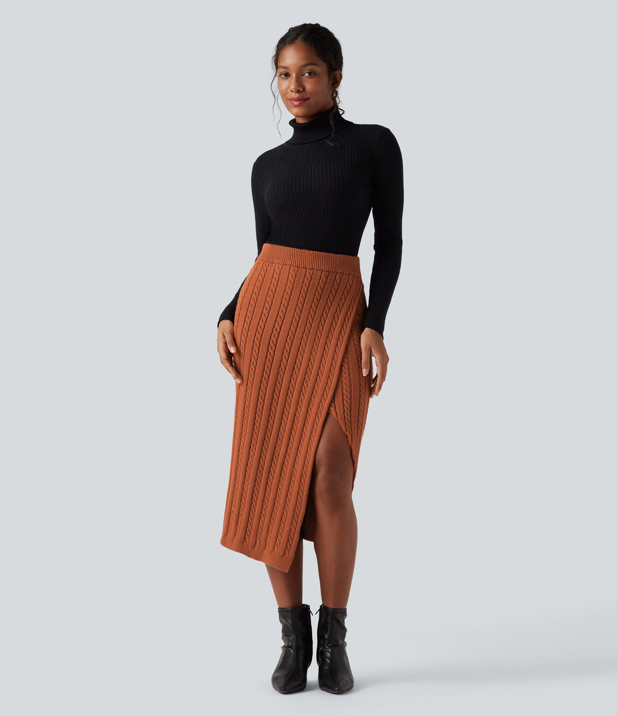 High Waisted Split Bodycon Midi Cable Knit Casual Jumper Skirt — Mango — view 5