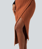 High Waisted Split Bodycon Midi Cable Knit Casual Jumper Skirt — Mango — view 4