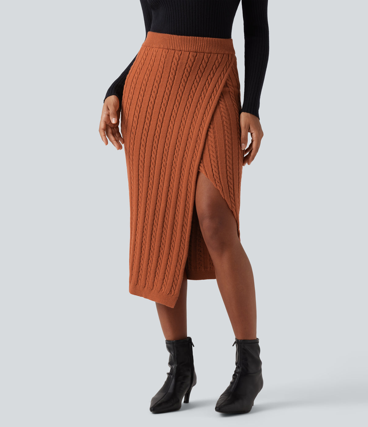 High Waisted Split Bodycon Midi Cable Knit Casual Jumper Skirt — Mango — view 1