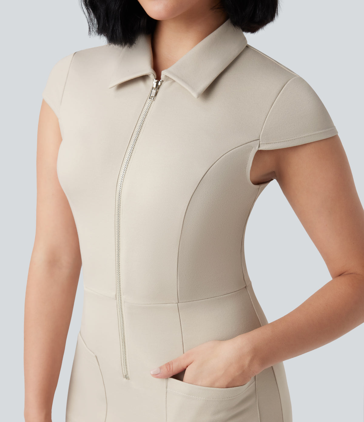 Half Zip Short Sleeve Bodycon Mini Work Dress with Pockets — Summer Sand — view 4