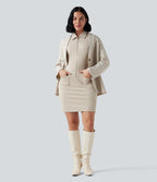 Half Zip Short Sleeve Bodycon Mini Work Dress with Pockets — Summer Sand — view 6