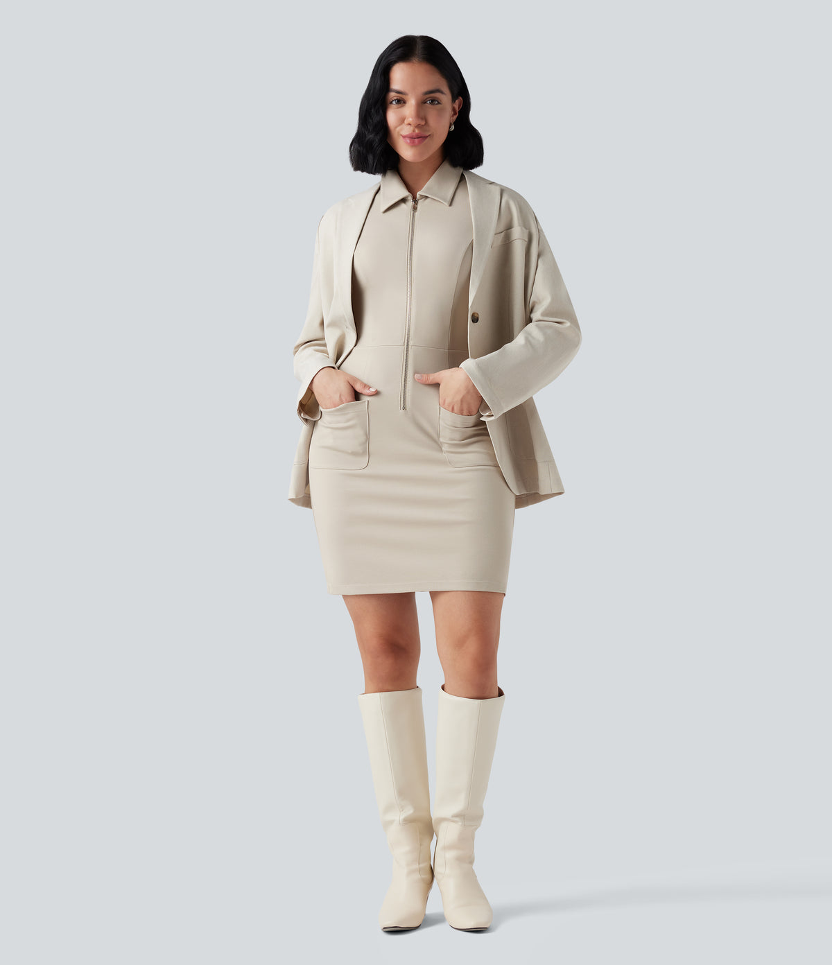 Half Zip Short Sleeve Bodycon Mini Work Dress with Pockets — Summer Sand — view 6