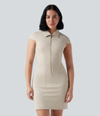 Half Zip Short Sleeve Bodycon Mini Work Dress with Pockets — Summer Sand — view 1