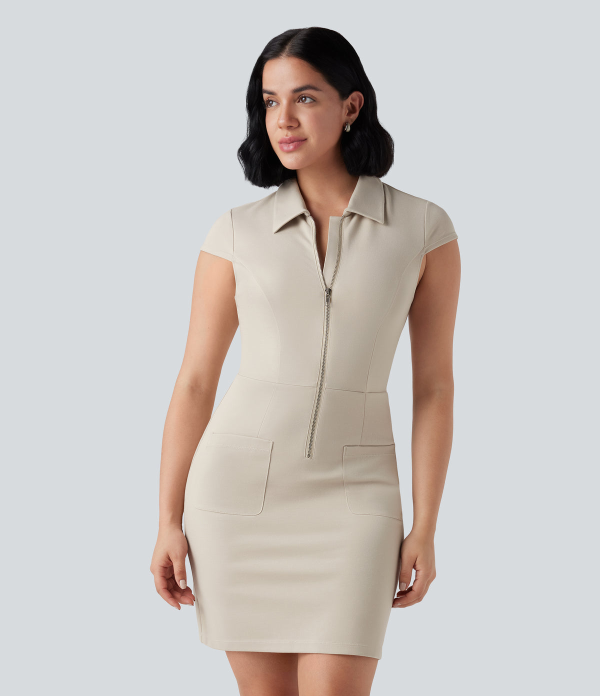 Half Zip Short Sleeve Bodycon Mini Work Dress with Pockets — Summer Sand — view 5