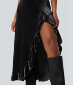 Queen Anne Neck Bow Front Ruffle Hem Velvet Midi Dress — Black — view 6