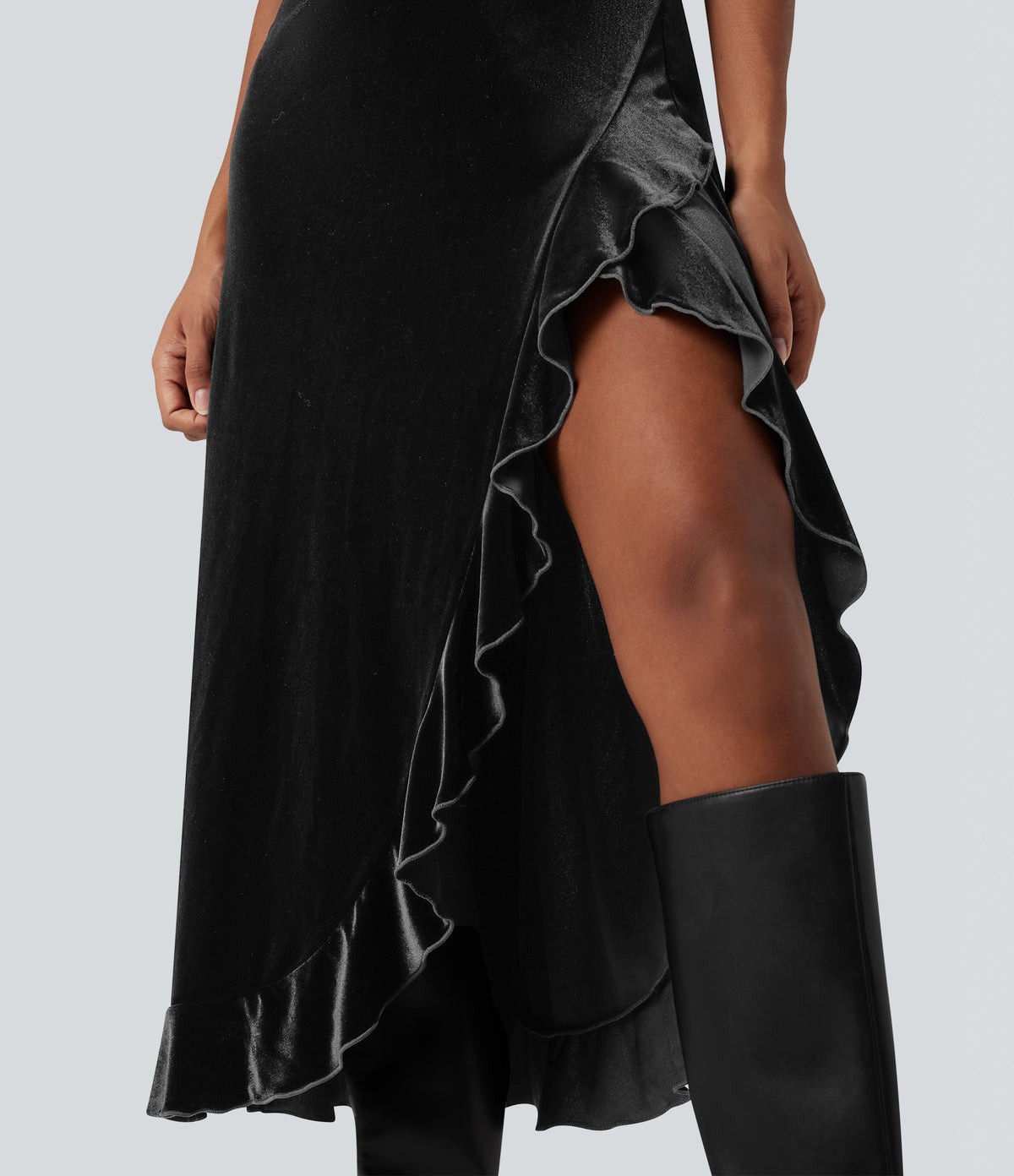 Queen Anne Neck Bow Front Ruffle Hem Velvet Midi Dress — Black — view 6
