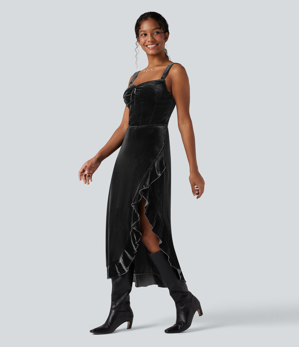 Queen Anne Neck Bow Front Ruffle Hem Velvet Midi Dress — Black — view 1