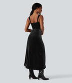 Queen Anne Neck Bow Front Ruffle Hem Velvet Midi Dress — Black — view 2