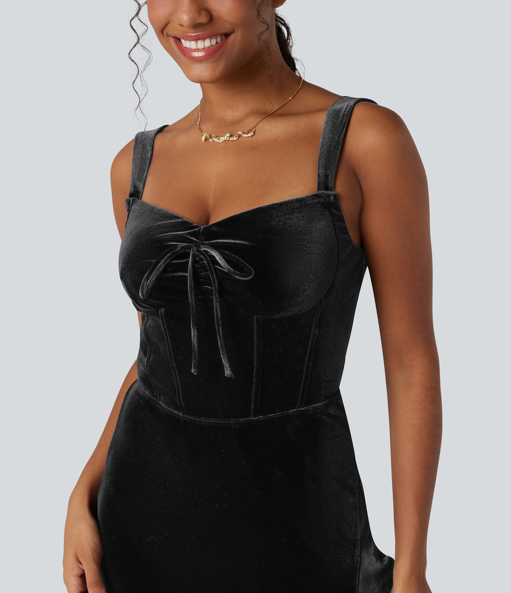 Queen Anne Neck Bow Front Ruffle Hem Velvet Midi Dress — Black — view 4