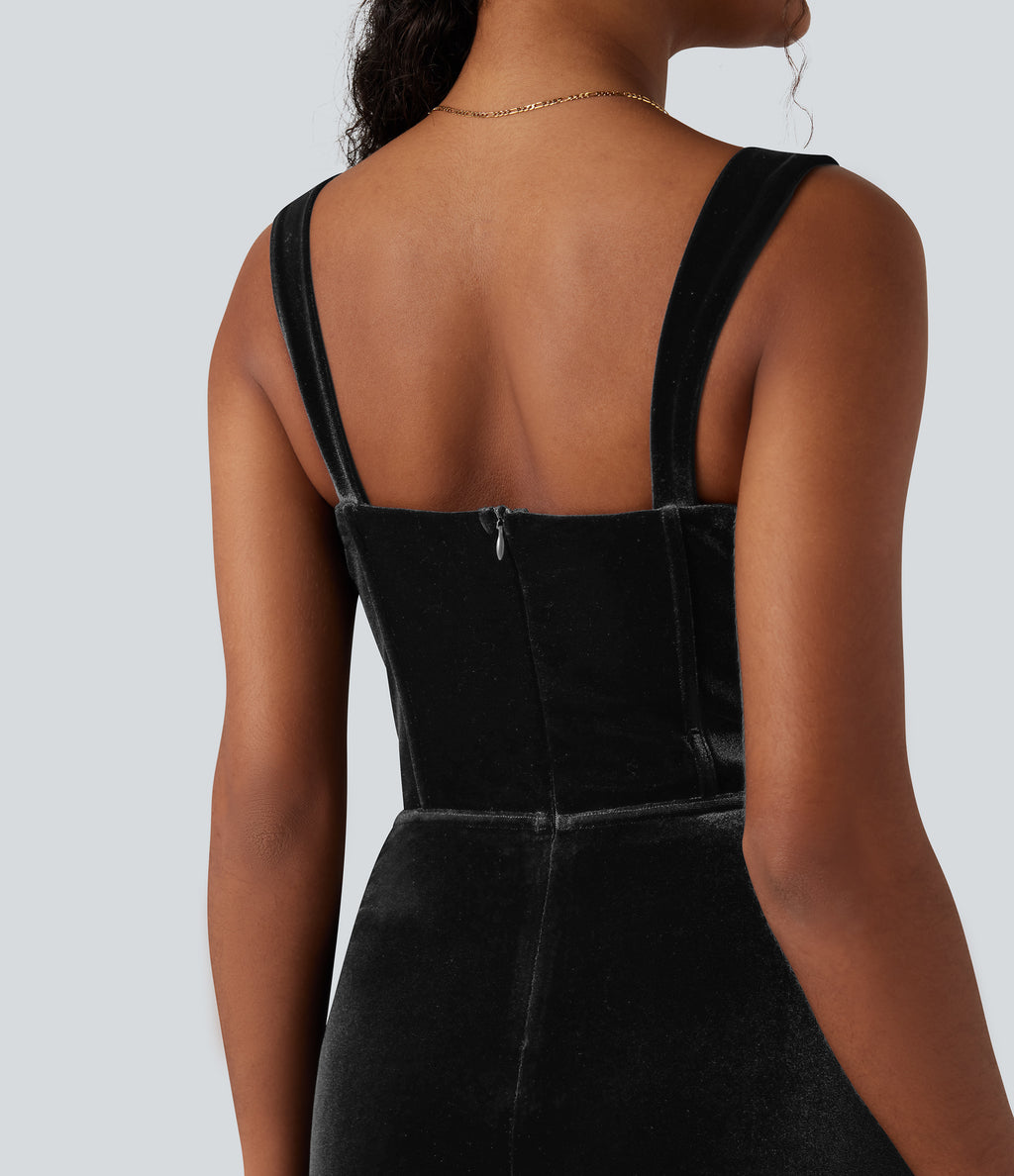 Queen Anne Neck Bow Front Ruffle Hem Velvet Midi Dress — Black — view 5