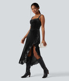 Queen Anne Neck Bow Front Ruffle Hem Velvet Midi Dress — Black — view 7