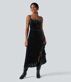 Queen Anne Neck Bow Front Ruffle Hem Velvet Midi Dress — Black — view 3