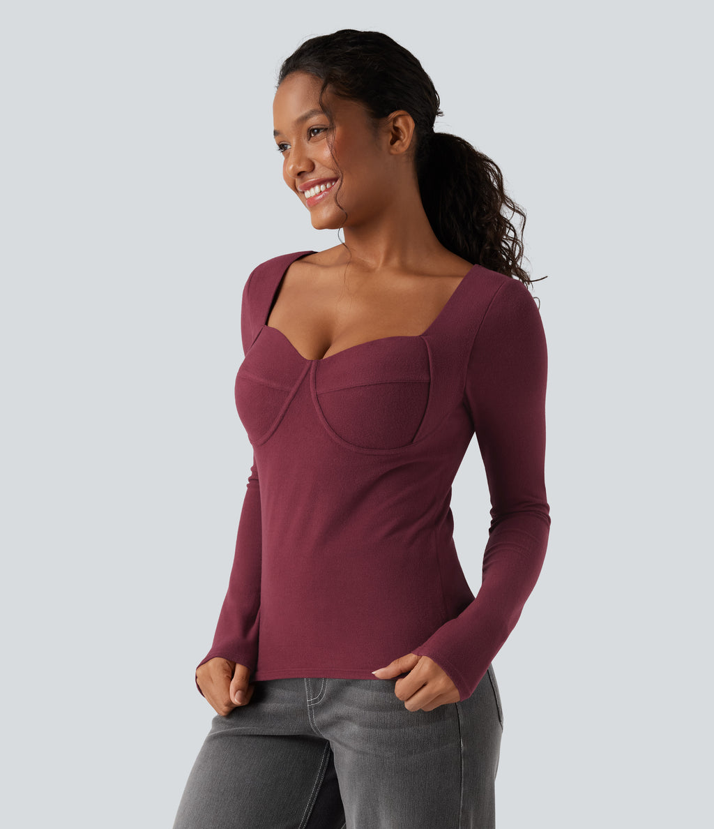 HeatCore Sweetheart Neck Push-Up Long Sleeve Casual Warming Top D/DD Cup — Cordovan — view 3