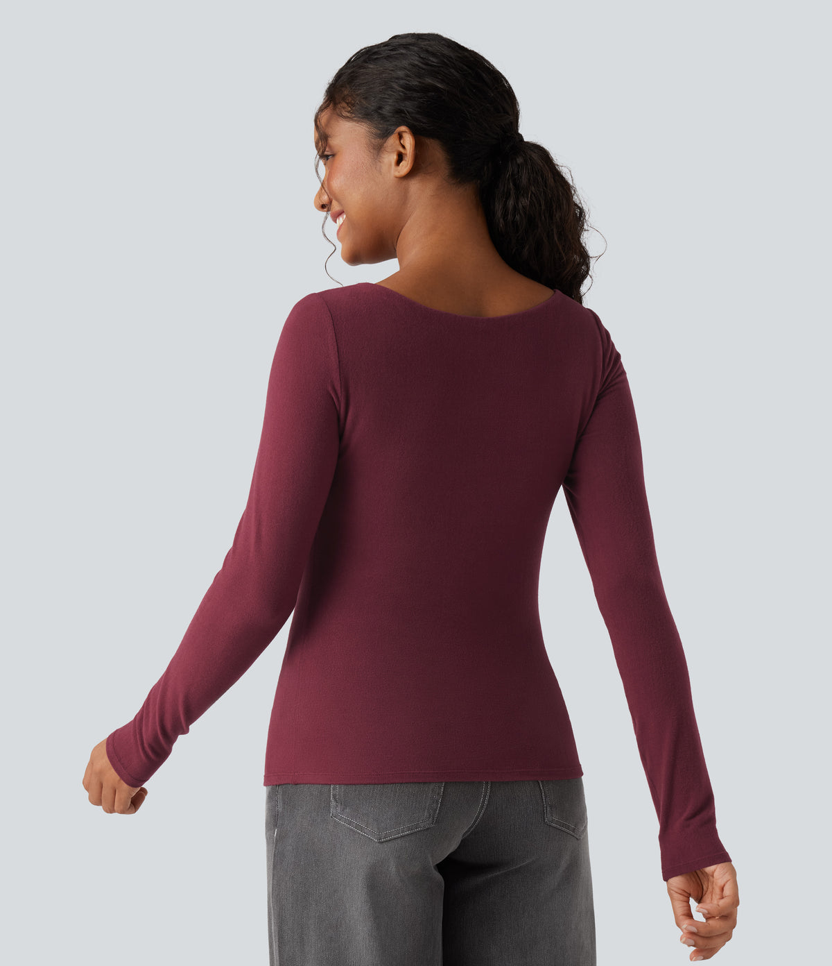 HeatCore Sweetheart Neck Push-Up Long Sleeve Casual Warming Top D/DD Cup — Cordovan — view 2