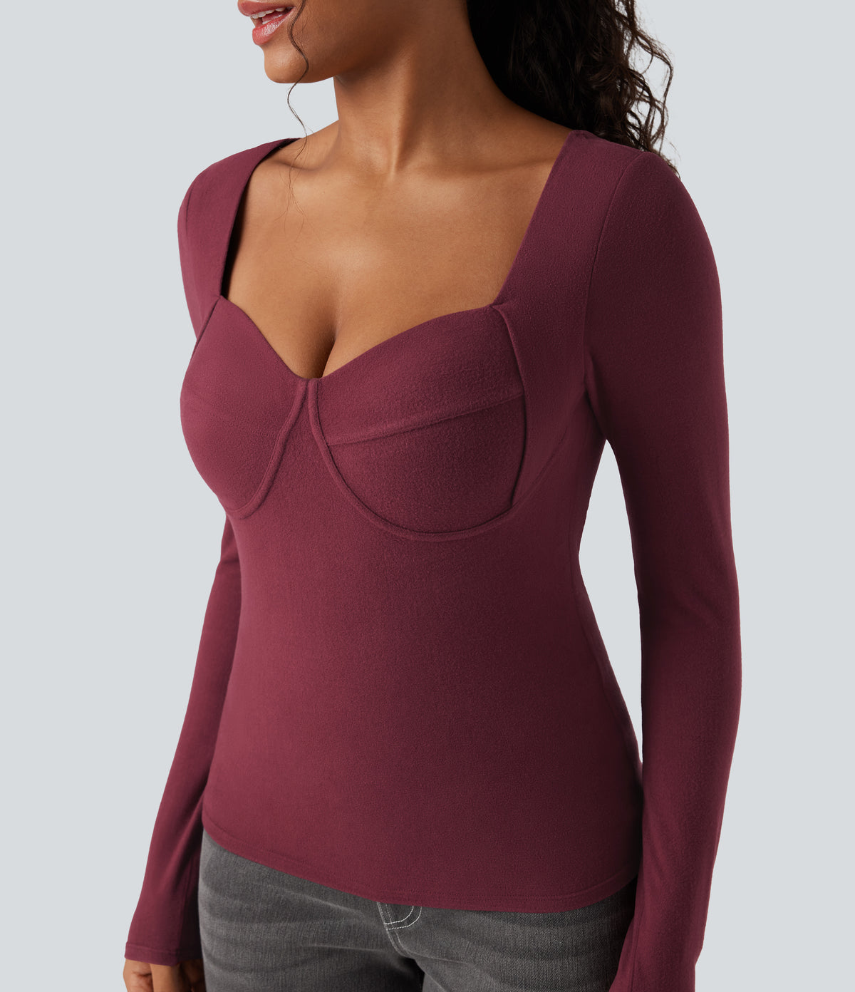 HeatCore Sweetheart Neck Push-Up Long Sleeve Casual Warming Top D/DD Cup — Cordovan — view 4