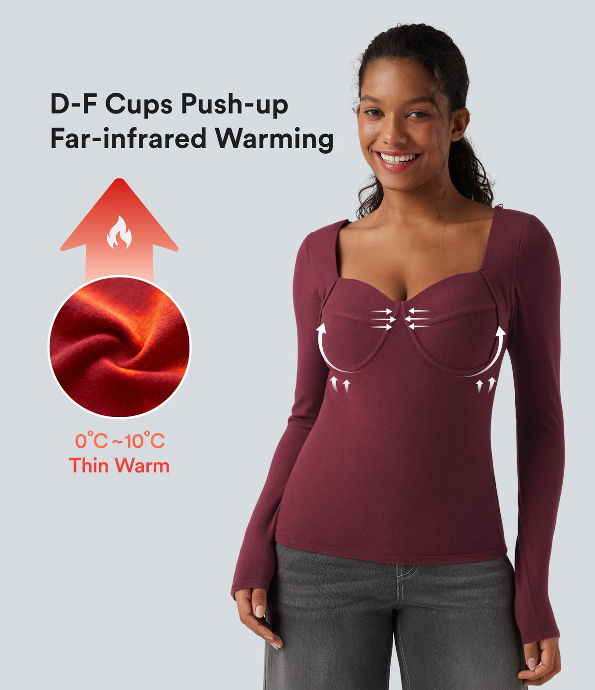 HeatCore Sweetheart Neck Push-Up Long Sleeve Casual Warming Top D/DD Cup — Cordovan — view 1
