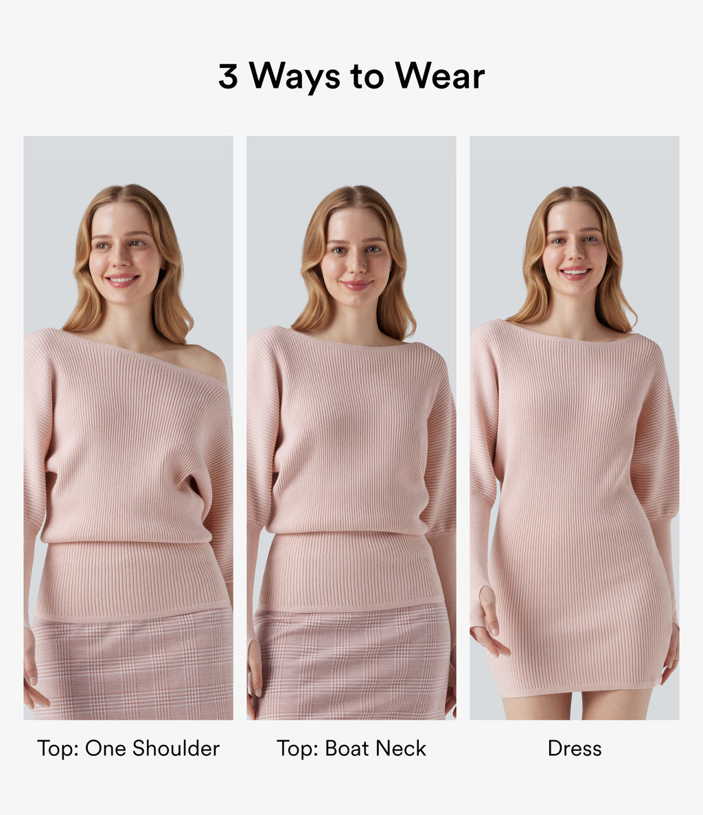 One Shoulder Long Sleeve Thumb Hole Casual Jumper — Pinkish Petals — view 2