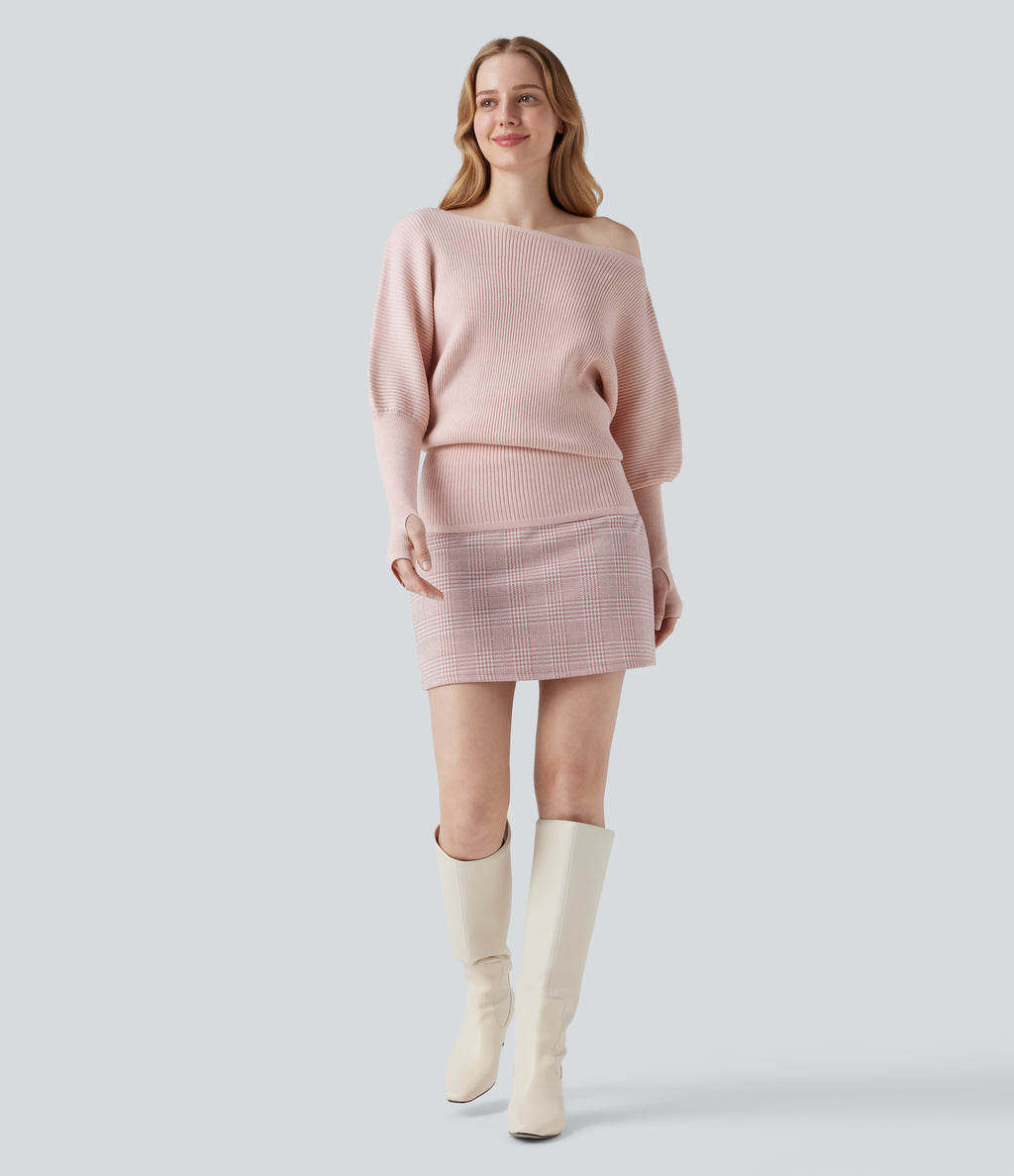 One Shoulder Long Sleeve Thumb Hole Casual Jumper — Pinkish Petals — view 8