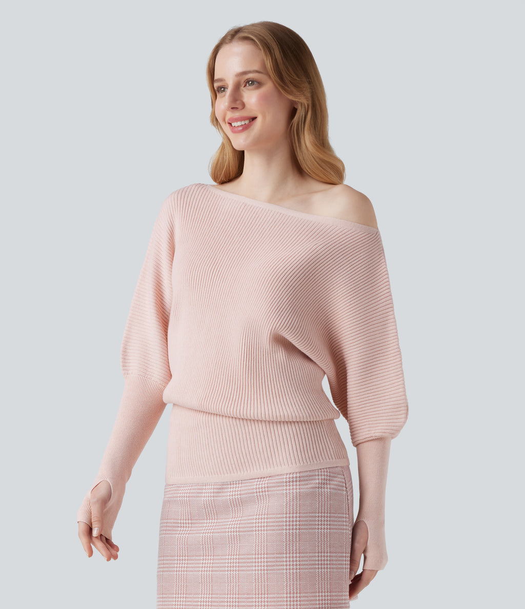 One Shoulder Long Sleeve Thumb Hole Casual Jumper — Pinkish Petals — view 6