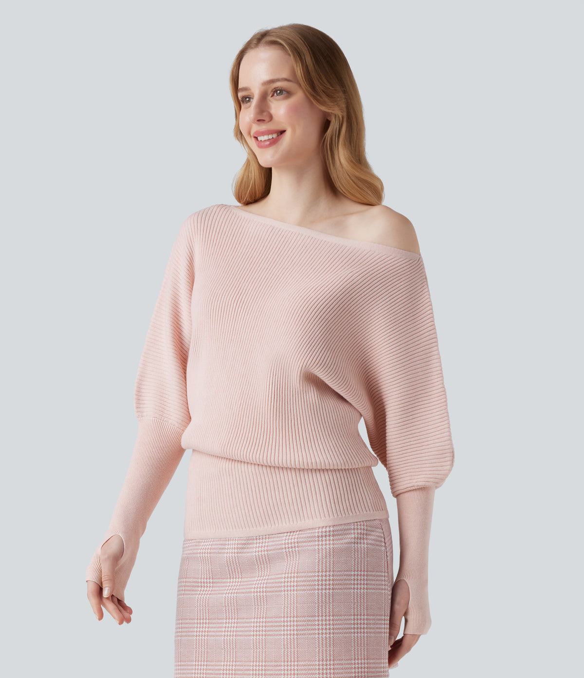 One Shoulder Long Sleeve Thumb Hole Casual Jumper — Pinkish Petals — view 6