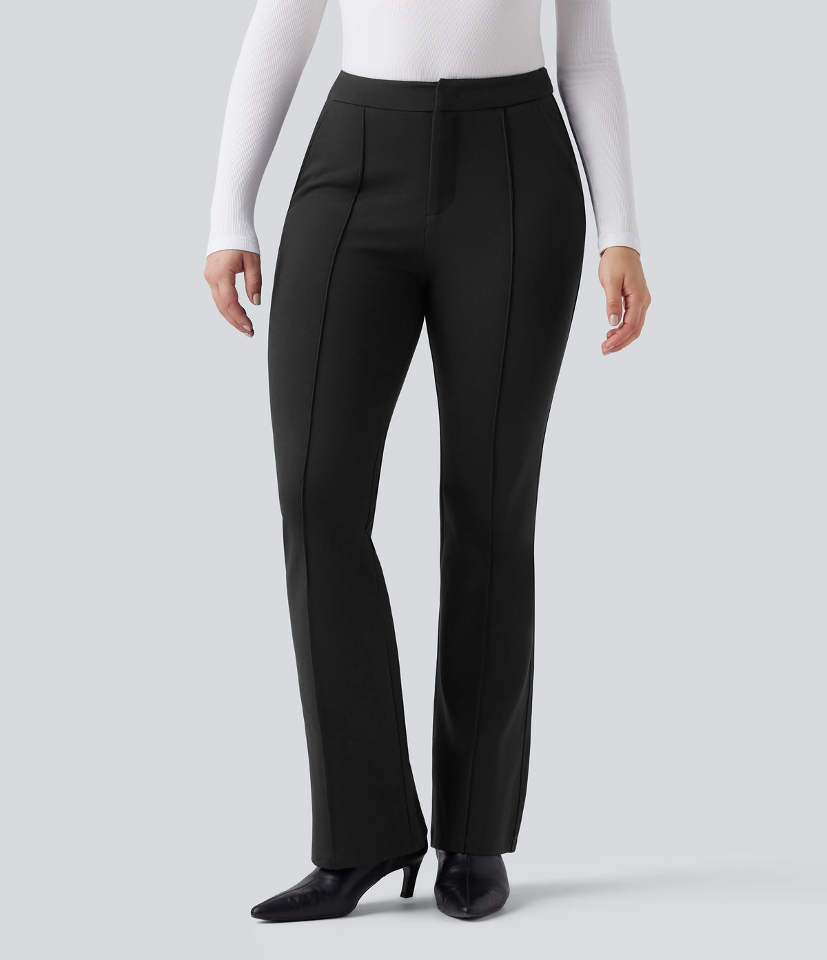 High Waisted Work Flared Trousers with Pockets — Black — view 3