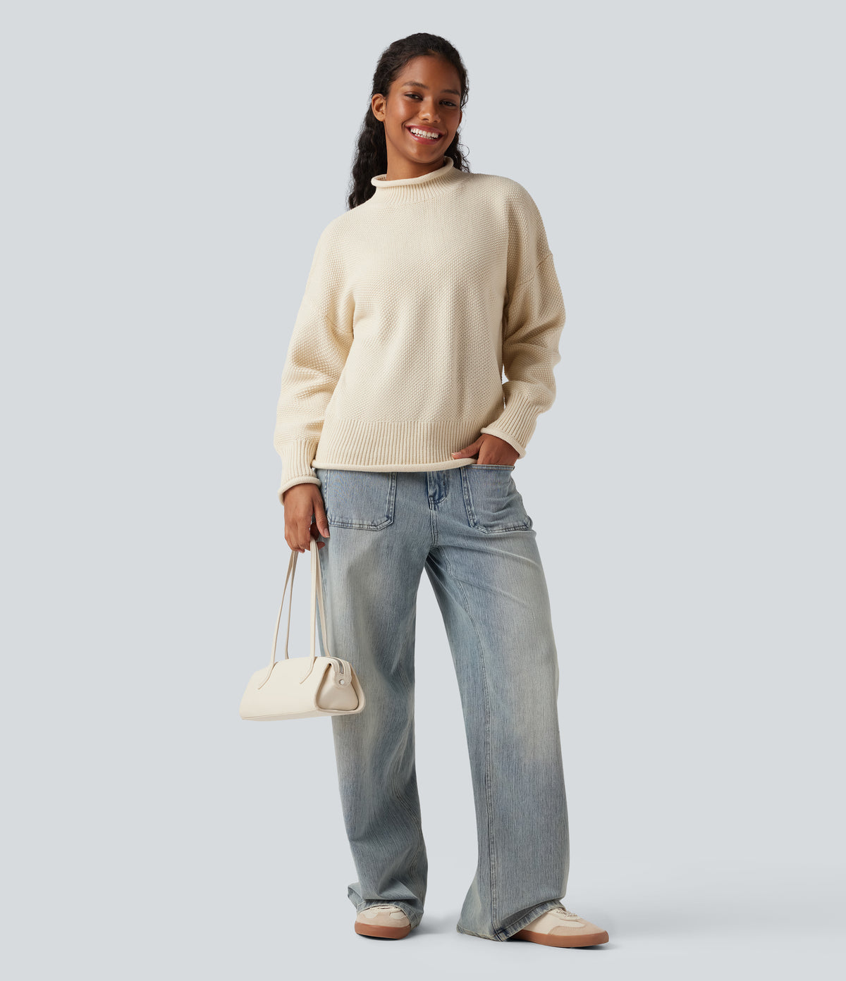 Mock-neck Long Sleeve Casual Jumper — White Asparagus — view 5